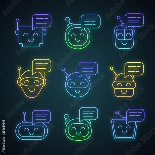 Chatbots messages neon light icons set