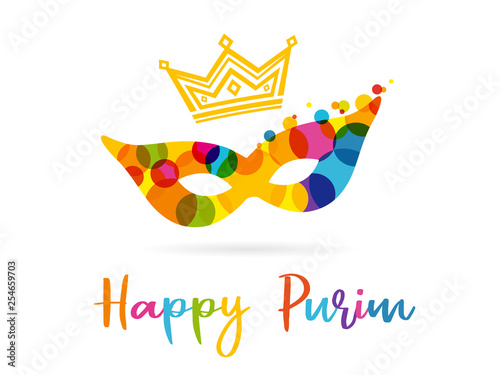 Purim banner with colored mask, design template. Happy Purim text, gold crown and colorful carnival mask. Jewish holiday vector illustration
