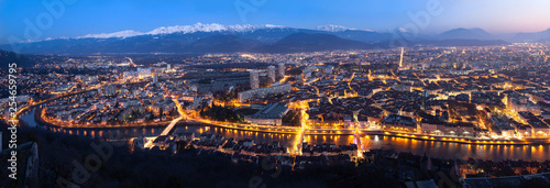 Aerial panorama of Grenoble at dusk, France