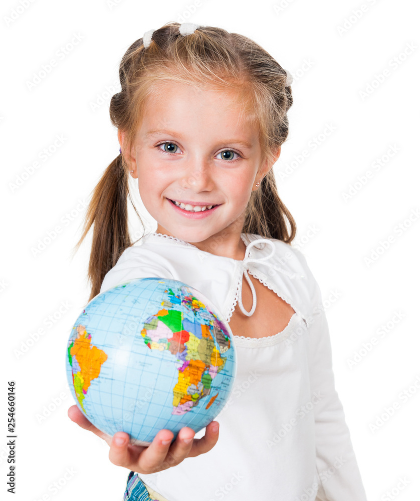Smiling little girl holding globe isolated on a white background Smiling little girl holding globe isolated on a white background
