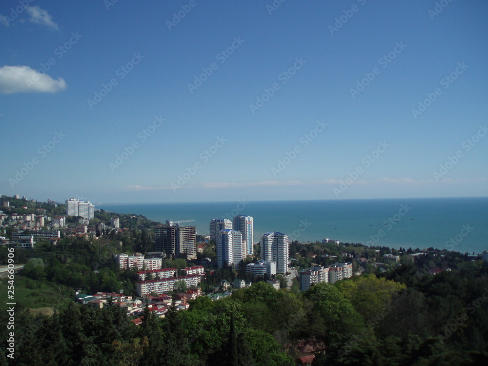 view of the city Sochi panorama from the height of the sea and high-rise buildings