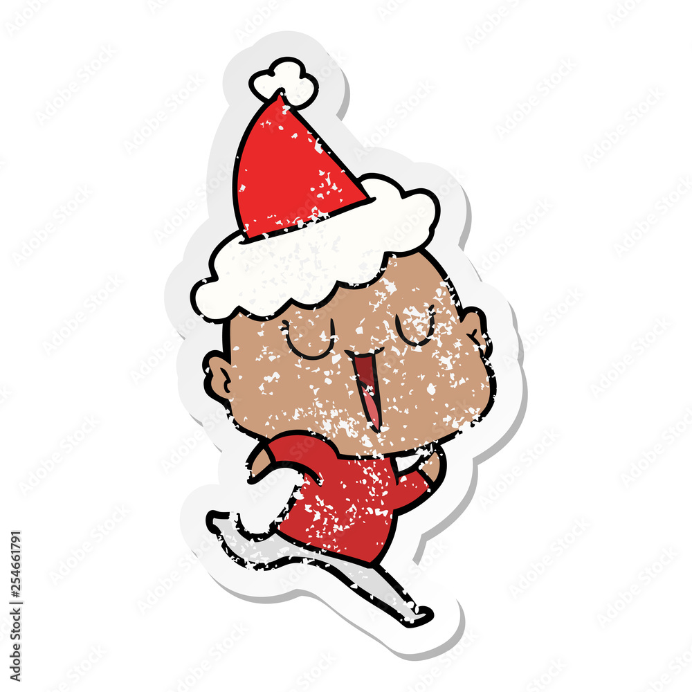 happy distressed sticker cartoon of a bald man wearing santa hat happy distressed sticker cartoon of a bald man wearing santa hat