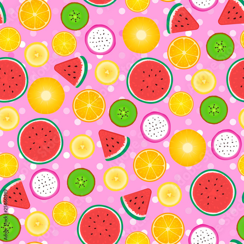 Abstract girly texture. Seamless pattern of fruit slices. Vector illustration isolated on pink background