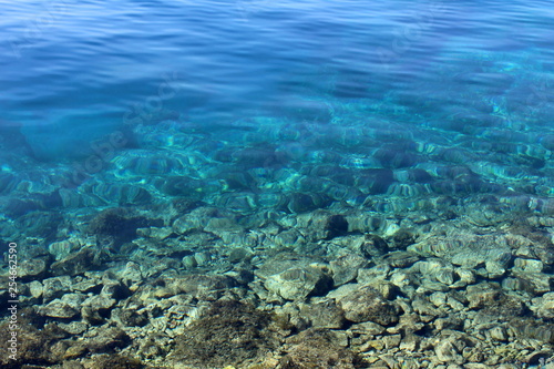 Calm blue sea with clearly visible rocks on bottom going from shallow to deep end on warm sunny spring day