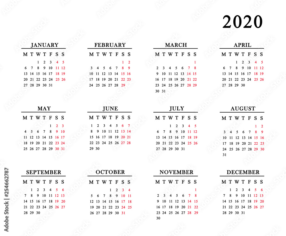 Calendar for 2020 on white background. Calendar for 2020 on white background.