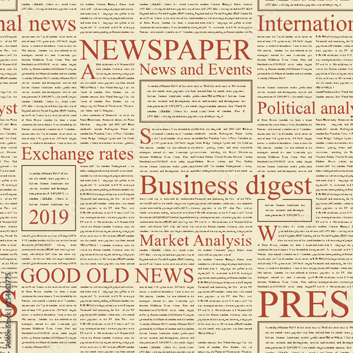 Vector seamless pattern with newspaper columns. Text in newspaper page unreadable. Old newspaper with black text, repeating newspaper vector background with red headings.