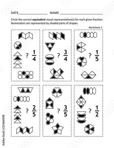 Math worksheet for students of all ages. Learn, reinforce fractions math skills for children. Prevent alzheimer for adults. Equivalent fractions. Visual or pictorial fraction representations. 