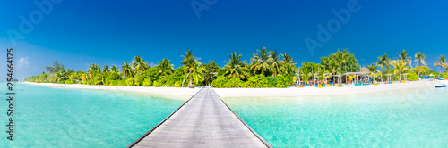 Maldives paradise scenery. Tropical landscape of palm trees and long jetty with white sandy beach. Exotic tourism destination banner