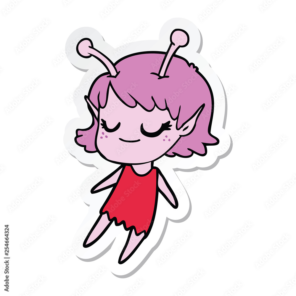 sticker of a smiling alien girl cartoon floating sticker of a smiling alien girl cartoon floating