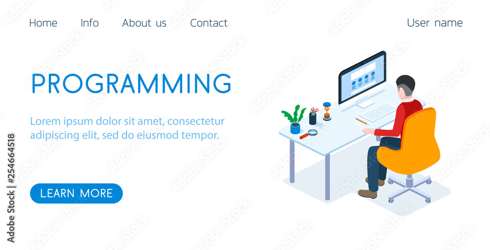 Isometric 3D vector illustration landing templates concept programmer at work. Workplace to work. Isometric 3D vector illustration landing templates concept programmer at work. Workplace to work.