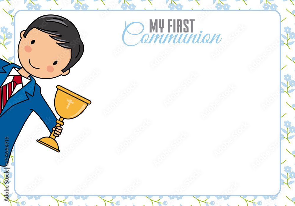 First communion card. Child with chalice and space for text First communion card. Child with chalice and space for text
