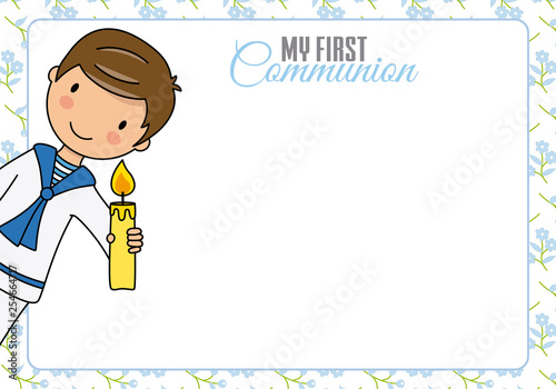 First communion card. Boy with candle and space for text