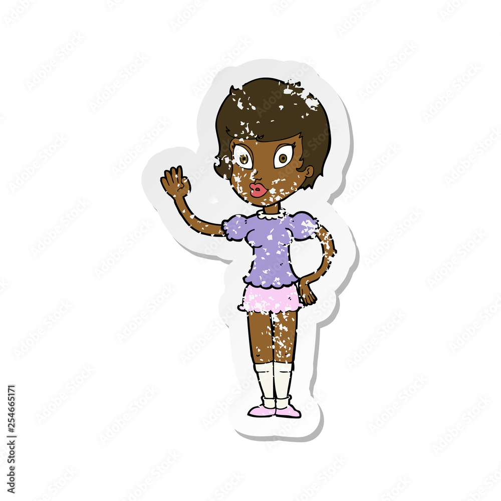 retro distressed sticker of a cartoon pretty girl waving retro distressed sticker of a cartoon pretty girl waving