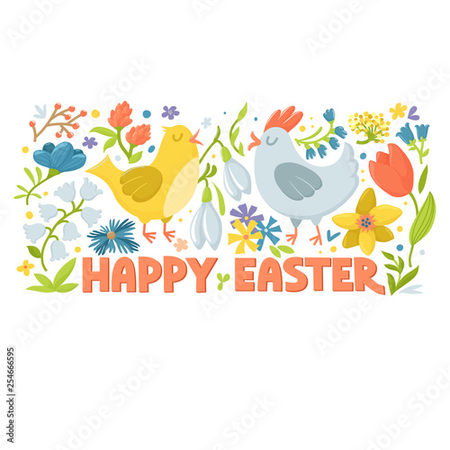 Happy Easter greeting card  horizontal banner with cute cartoon hen  rooster and spring flowers  vector illustration on white background. Easter greeting card with chicken  flowers and text