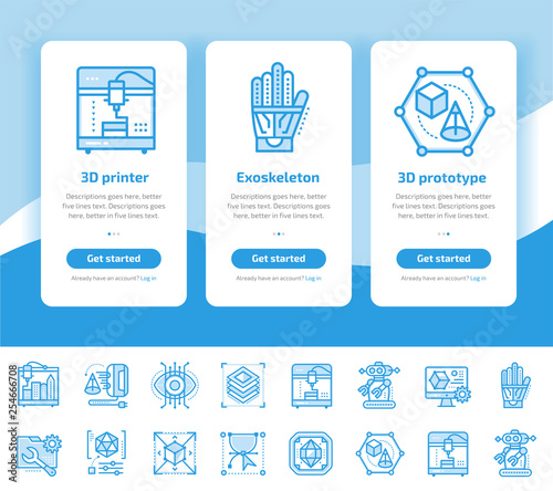 Onboarding design concept icons for 3D printing and modeling. Modern user interface UX, UI screen template. Icons for responsive web site and mobile smart phone. Vector illustration