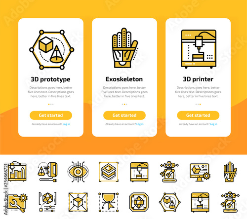 Onboarding design concept icons for 3D printing and modeling. Modern user interface UX, UI screen template. Icons for responsive web site and mobile smart phone. Vector illustration