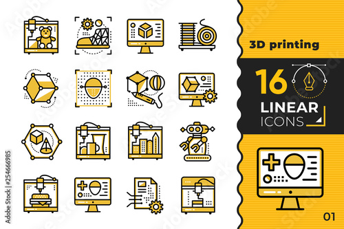 Linear icon set of 3D printing and 3D modeling. Suitable for presentation, mobile apps, website, interfaces and print