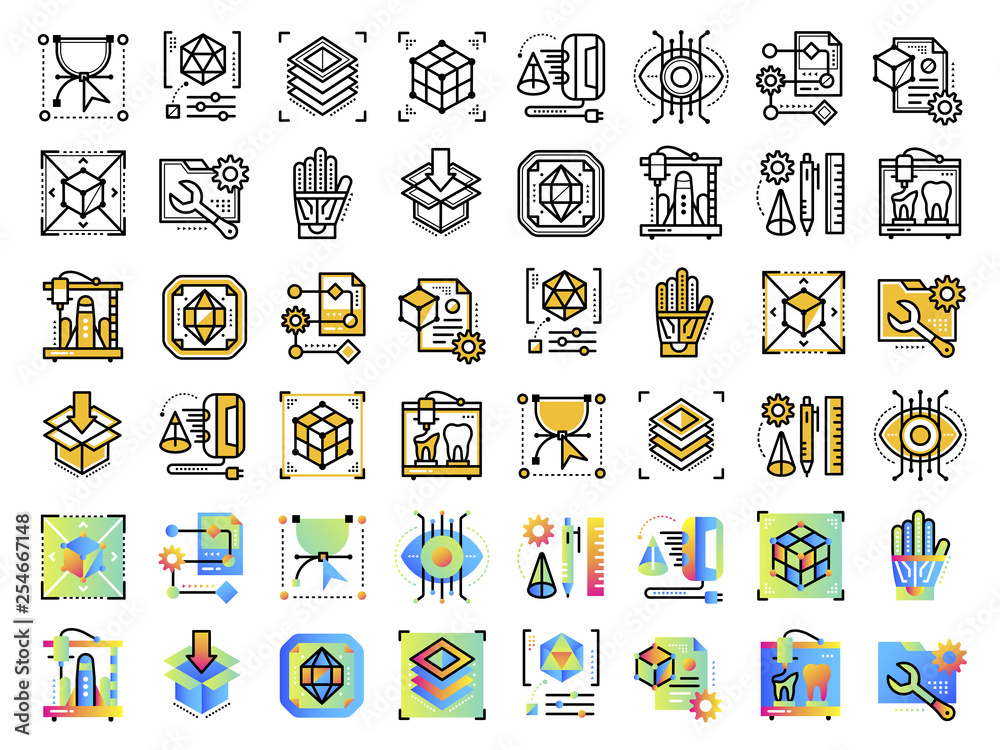 Linear icon set of 3D printing and 3D modeling. Suitable for presentation, mobile apps, website, interfaces and print Linear icon set of 3D printing and 3D modeling. Suitable for presentation, mobile apps, website, interfaces and print