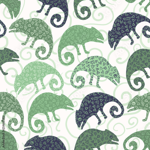 Chameleon lizard seamless pattern. Green reptile repeatable tile vector illustration. Pet store, zoo camouflage graphic design wallpaper. Hand drawn exotic subtropical animal silhouette background. 