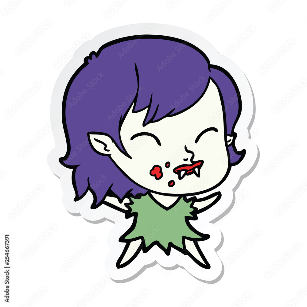 sticker of a cartoon vampire girl with blood on cheek sticker of a cartoon vampire girl with blood on cheek