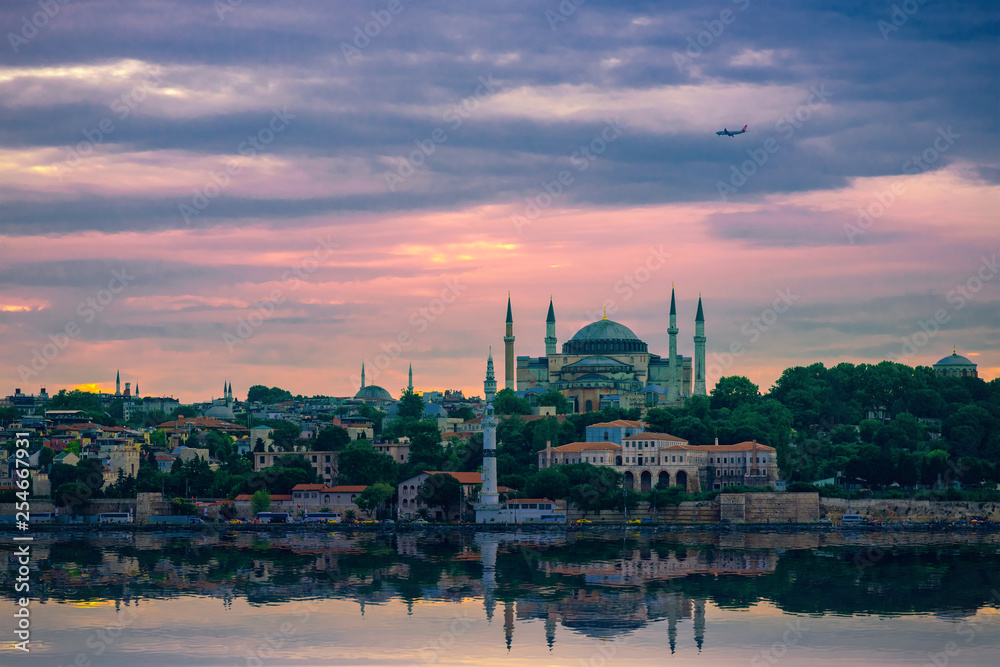 Beautiful view of Hagia Sophia with reflection in the water, Istanbul, Turkey