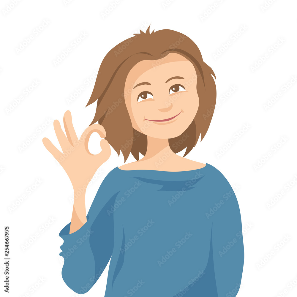 Ок! Vector illustration, young woman shows approval gesture. Ок! Vector illustration, young woman shows approval gesture.