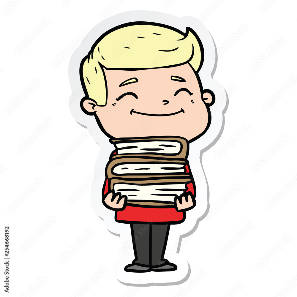 sticker of a happy cartoon man with stack of books sticker of a happy cartoon man with stack of books