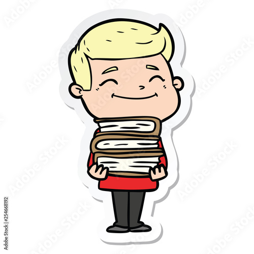 sticker of a happy cartoon man with stack of books