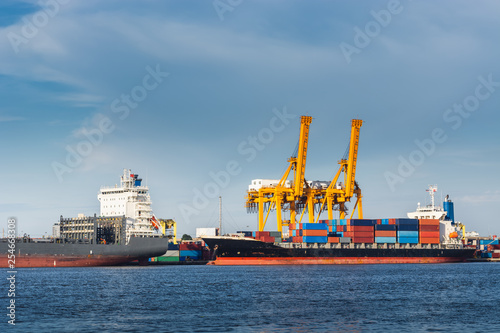 Transportation and Shipping Logistics Loading Dock Terminal., Container Import and Export of Sea Freight Transport Industrial., Landscape of Port Maritime and Harbor Cargo Shipyard With Crane Bridge.