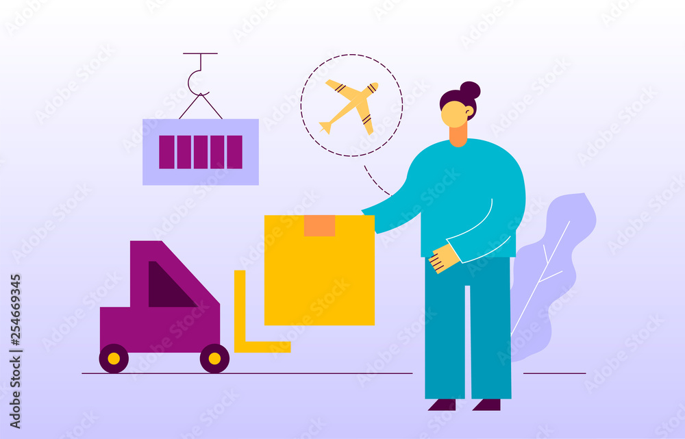 Vector delivery service design concept web banner with big modern flat line woman, loader, box, plane icons. Logistics illustration Vector delivery service design concept web banner with big modern flat line woman, loader, box, plane icons. Logistics illustration