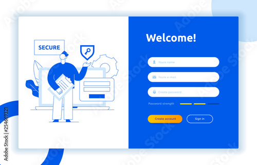 Login UI UX design concept and illustration with big modern people, privacy icons, inputs, forms. Vector website user interface sign in, sign up form template. Online web register.