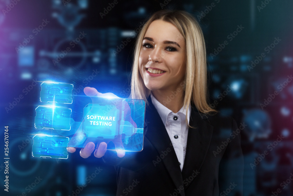 The concept of business, technology, the Internet and the network. A young entrepreneur working on a virtual screen of the future and sees the inscription: Software testing The concept of business, technology, the Internet and the network. A young entrepreneur working on a virtual screen of the future and sees the inscription: Software testing