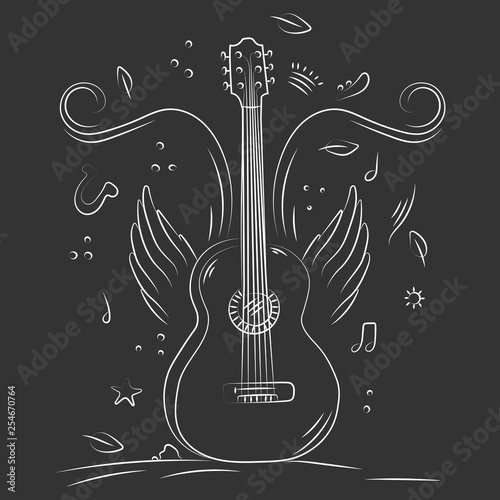 Hand drawn acoustic guitar with wings and music notes. Sketch style vector illustration isolated ob black background. Line art. Chalk board.