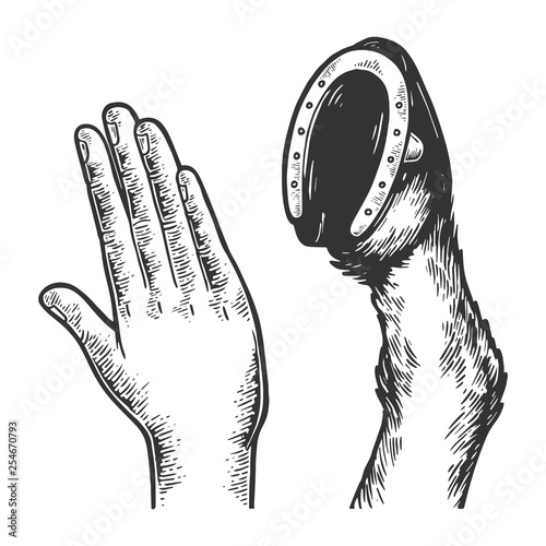 High five with horse sketch engraving vector illustration. Scratch board style imitation. Black and white hand drawn image.