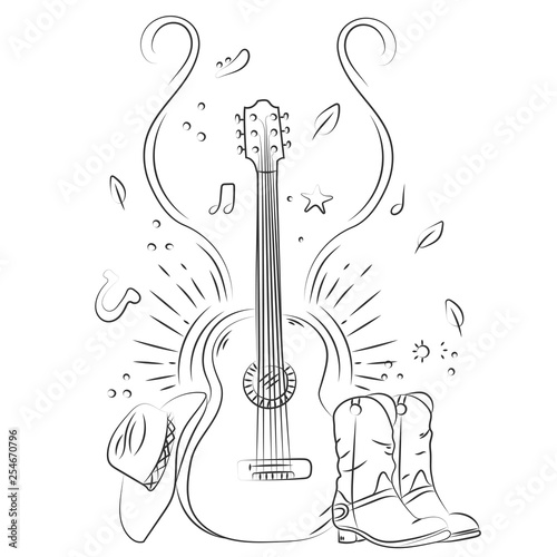 Hand drawn acoustic guitar with cowboy shoes and hat.  Sketch style vector illustration isolated ob white background. Line art. 