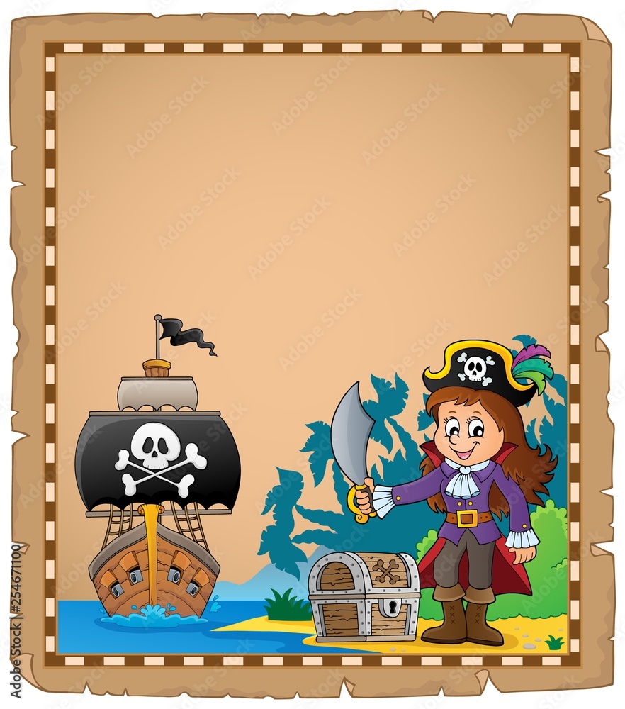 Fototapeta premium Pirate girl on coast theme parchment 1