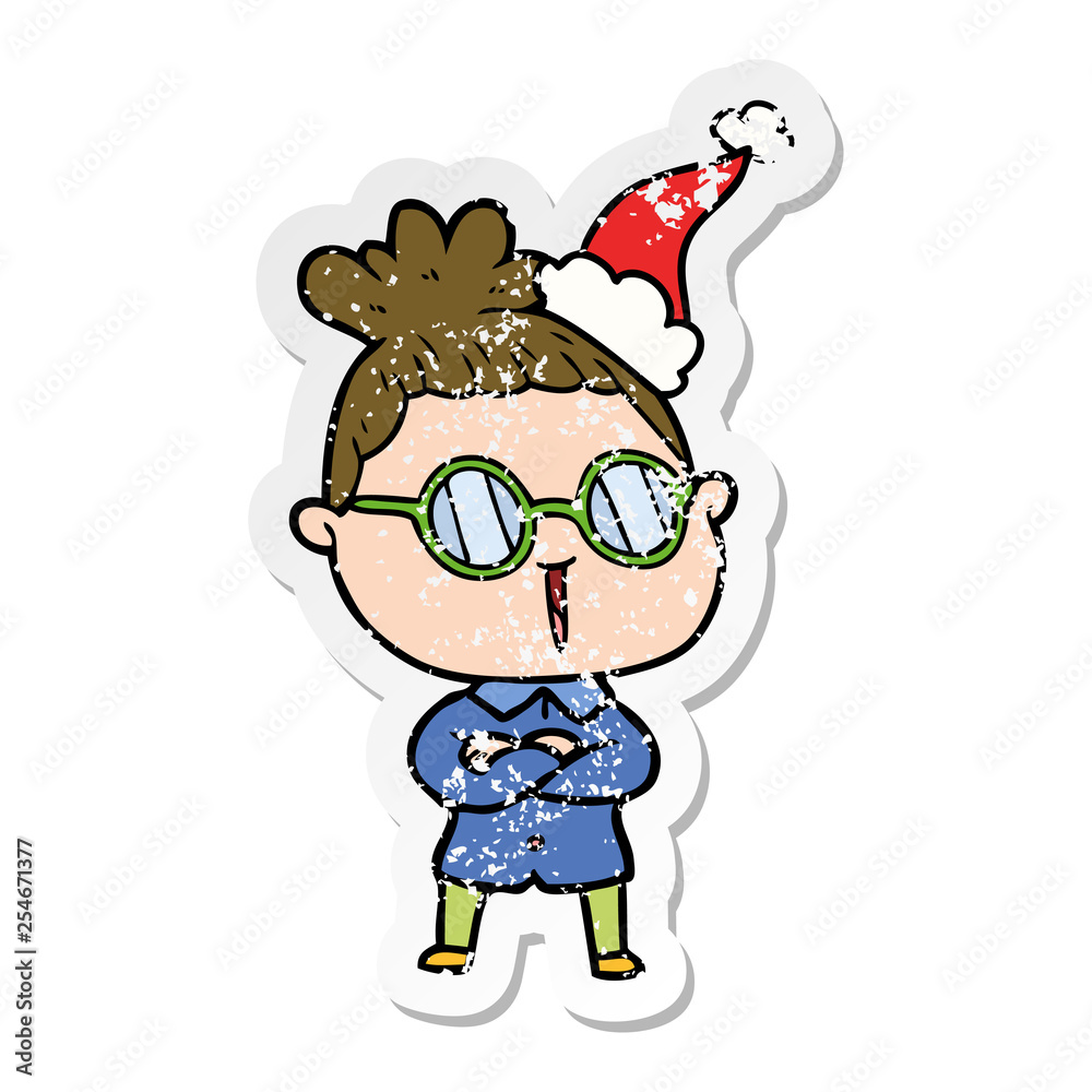 distressed sticker cartoon of a woman wearing spectacles wearing santa hat