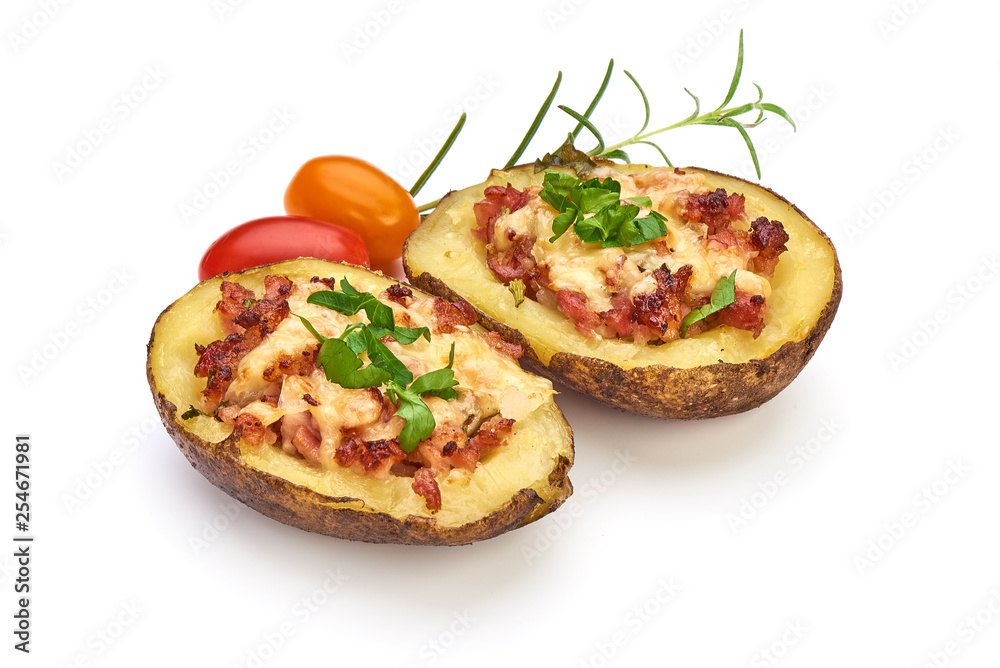 Baked potatoes stuffed with cheese and bacon, Homemade food, close-up, isolated on white background Baked potatoes stuffed with cheese and bacon, Homemade food, close-up, isolated on white background