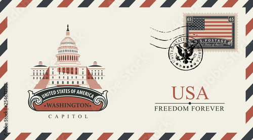 Vector postcard or envelope with famous Washington Capitol building and inscriptions. Postcard with postmark in form of coat of arms and postage stamp with flag of USA