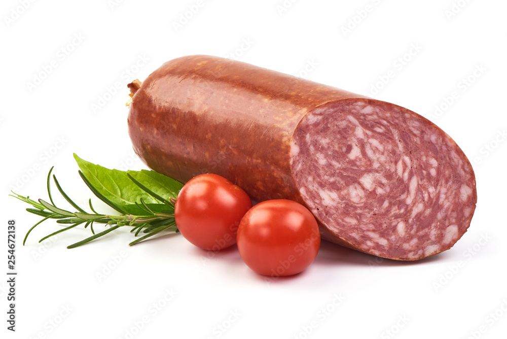 Cold Salami, Smoked sausage, herbs and tomatoes, isolated on white background. Close-up Cold Salami, Smoked sausage, herbs and tomatoes, isolated on white background. Close-up