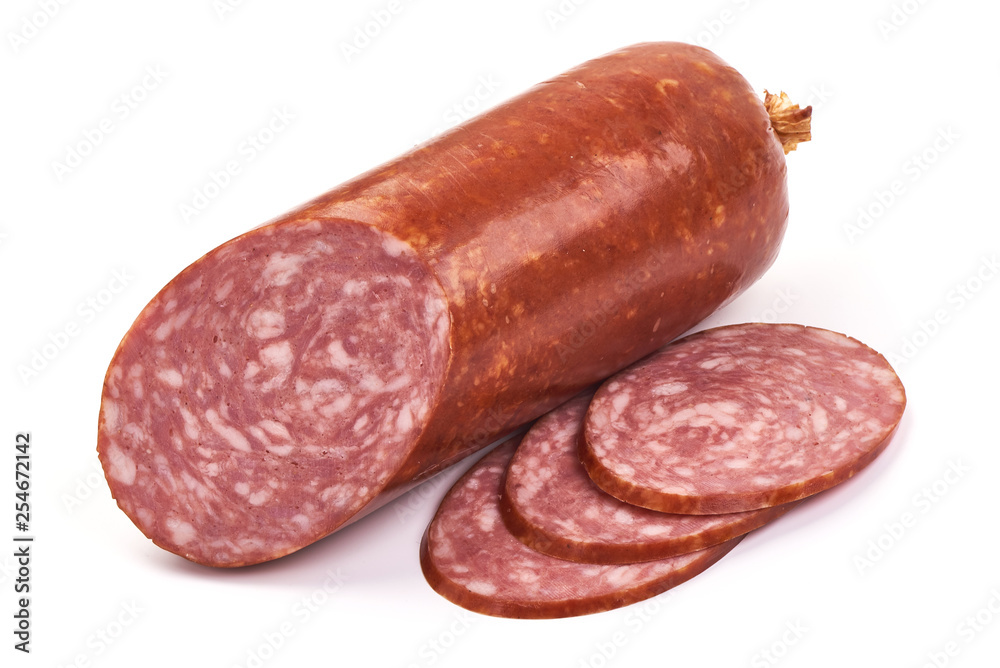 Cold Salami, Smoked sausage with slices, isolated on white background. Close-up Cold Salami, Smoked sausage with slices, isolated on white background. Close-up