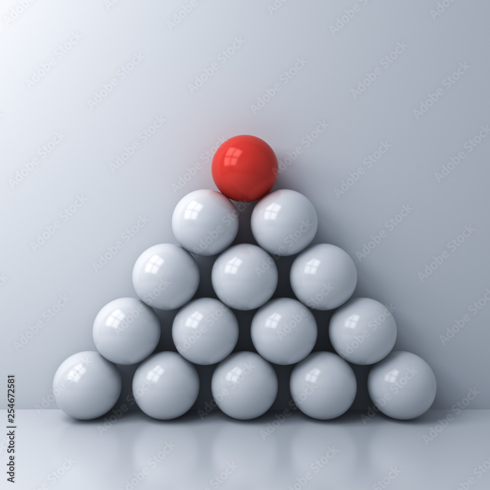 Stand out from the crowd and Leadership creative idea concepts One red sphere standing on top of the other white spheres on white wall color background with reflections and shadows 3D rendering Stand out from the crowd and Leadership creative idea concepts One red sphere standing on top of the other white spheres on white wall color background with reflections and shadows 3D rendering