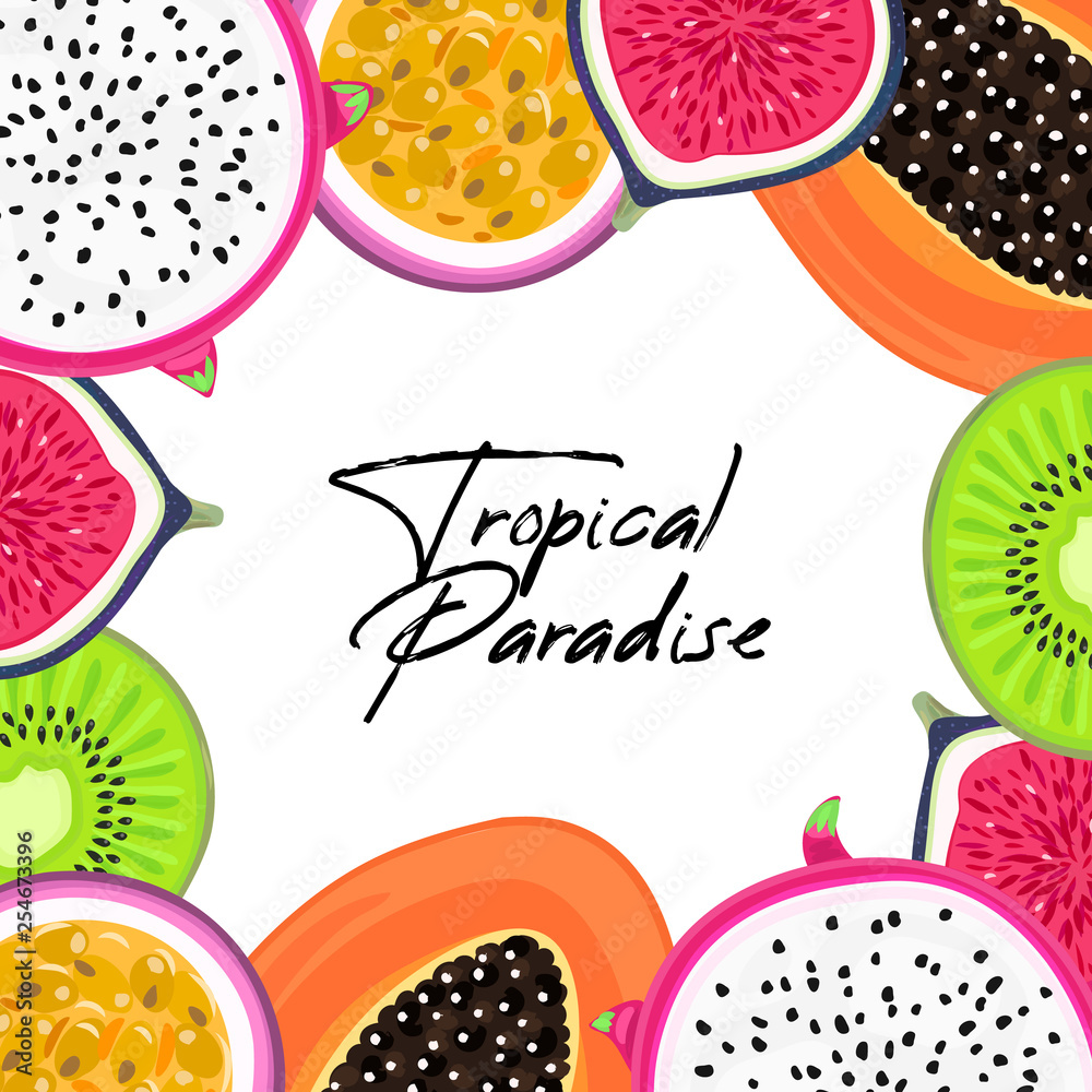 Obraz premium Vector background with tropical fruits. Pitahaya or pitaya , kiwi, passion fruit, fig, papaya. Creative artistic style. Card, invitation, cover, banner thank you message, label, package design. Eps10