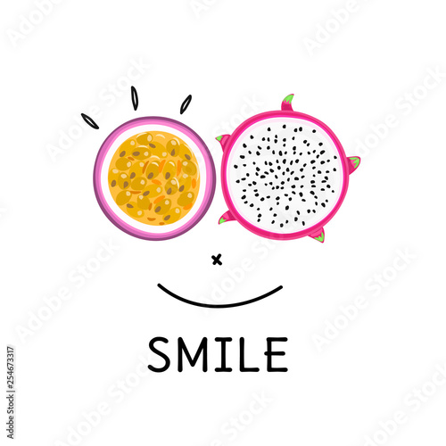 Smiling face with tropical fruit eyes. Pitahaya or pitaya , passion fruit. Creative artistic style. Card, postcard, cover, banner, print on clothes, home decor, label, package design. Vector, eps10