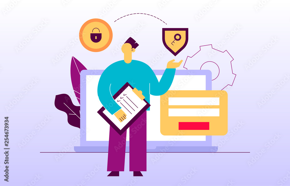 Vector data encryption web page online banner template with man holding key icon. Privacy login and sign up concept illustration Vector data encryption web page online banner template with man holding key icon. Privacy login and sign up concept illustration