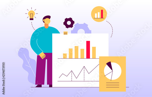 Vector big data web page banner concept design template with big modern flat line man holding chart. Research and analytics illustration with graphs, cogs, light bulb