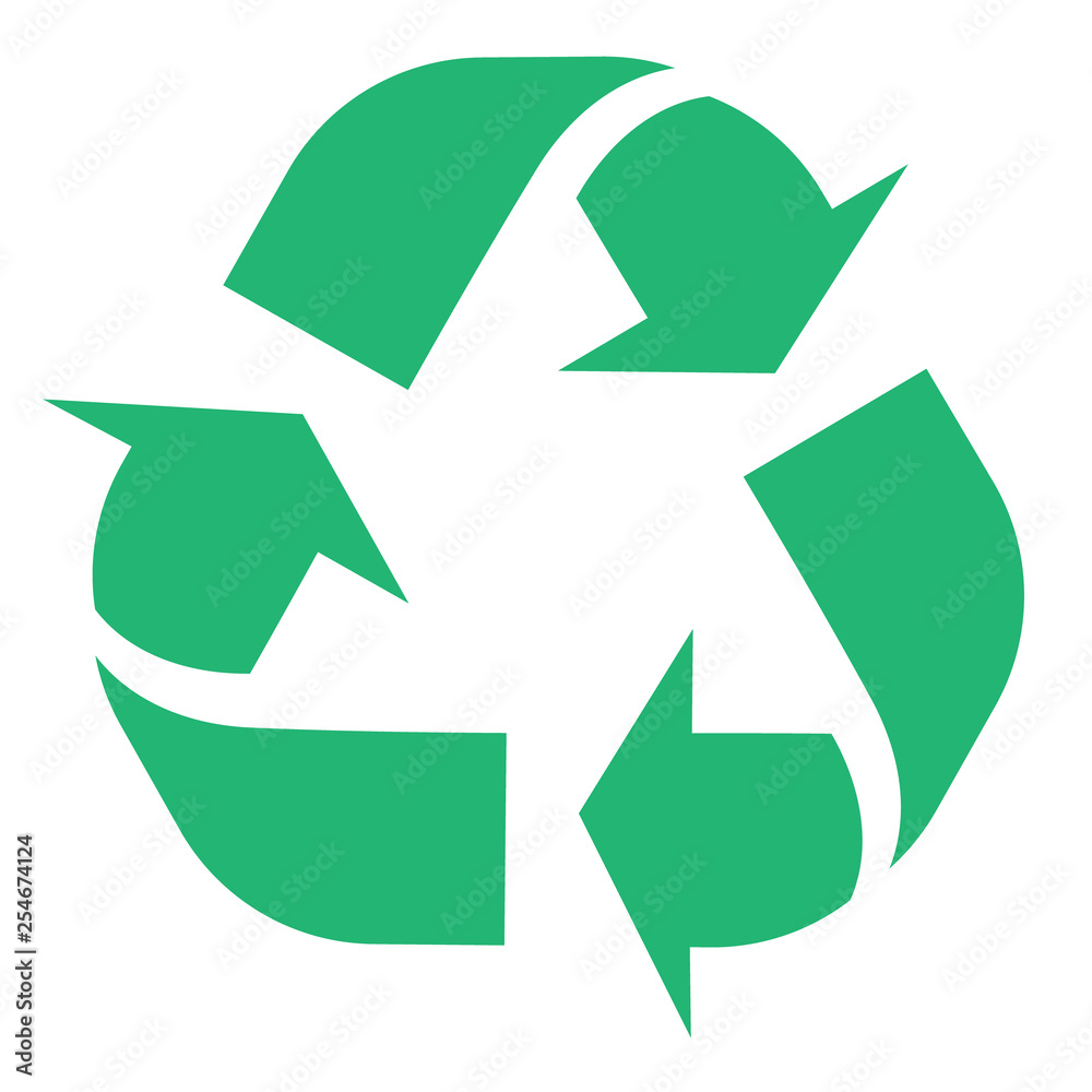 Obraz premium Vector illustration of recycle and zero waste symbol with green arrows in form of triangle isolated on white background. Eco friendly materials and global environmental protection concept.