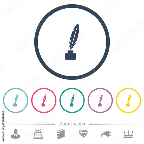 Feather in ink bottle flat color icons in round outlines
