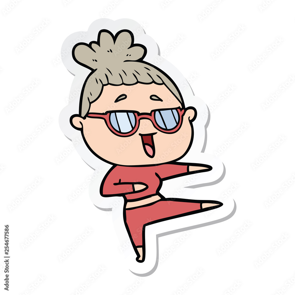 sticker of a cartoon happy woman wearing spectacles sticker of a cartoon happy woman wearing spectacles