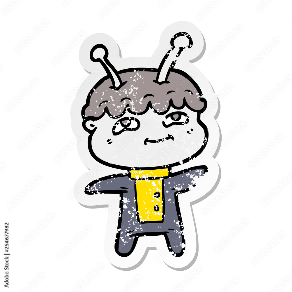 distressed sticker of a friendly cartoon spaceman